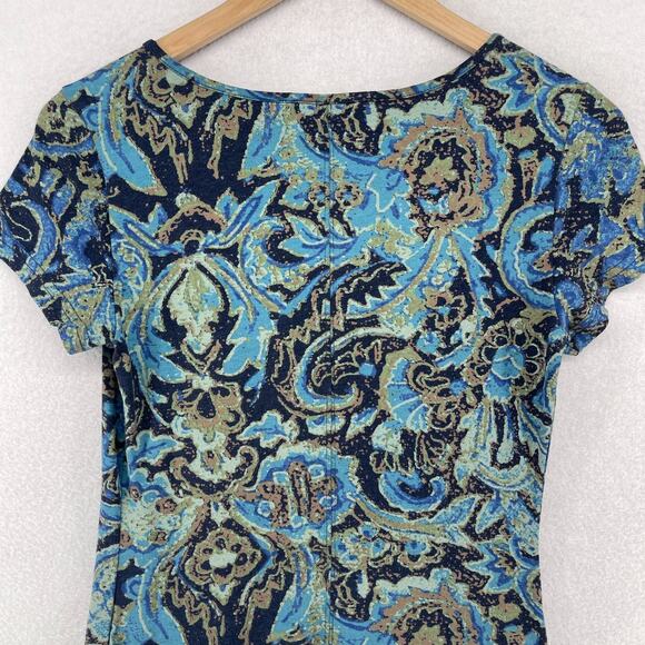 PERUVIAN CONNECTION Dress XS Paisley Midi Cap Sleeve Stretch Pima Cotton Blue - Picture 4 of 13